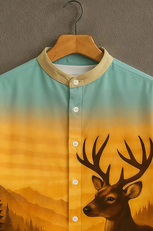Men’s Scenic Deer Print Shirt – Premium Nature Graphic Mandarin Collar Shirt