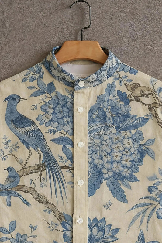 Men’s Blue Bird Floral Toile Shirt – Vintage Aesthetic Mandarin Collar Shirt