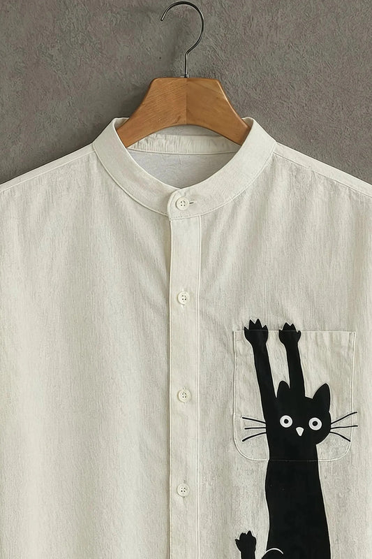 Men’s Minimal Cat Graphic Shirt – Cute Pocket Design Mandarin Collar Shirt | Velloria.shop