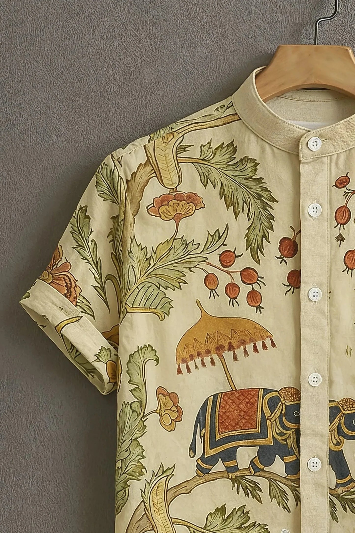 Men’s Royal Elephant Ethnic Print Shirt – Traditional Floral Art Mandarin Collar Shirt