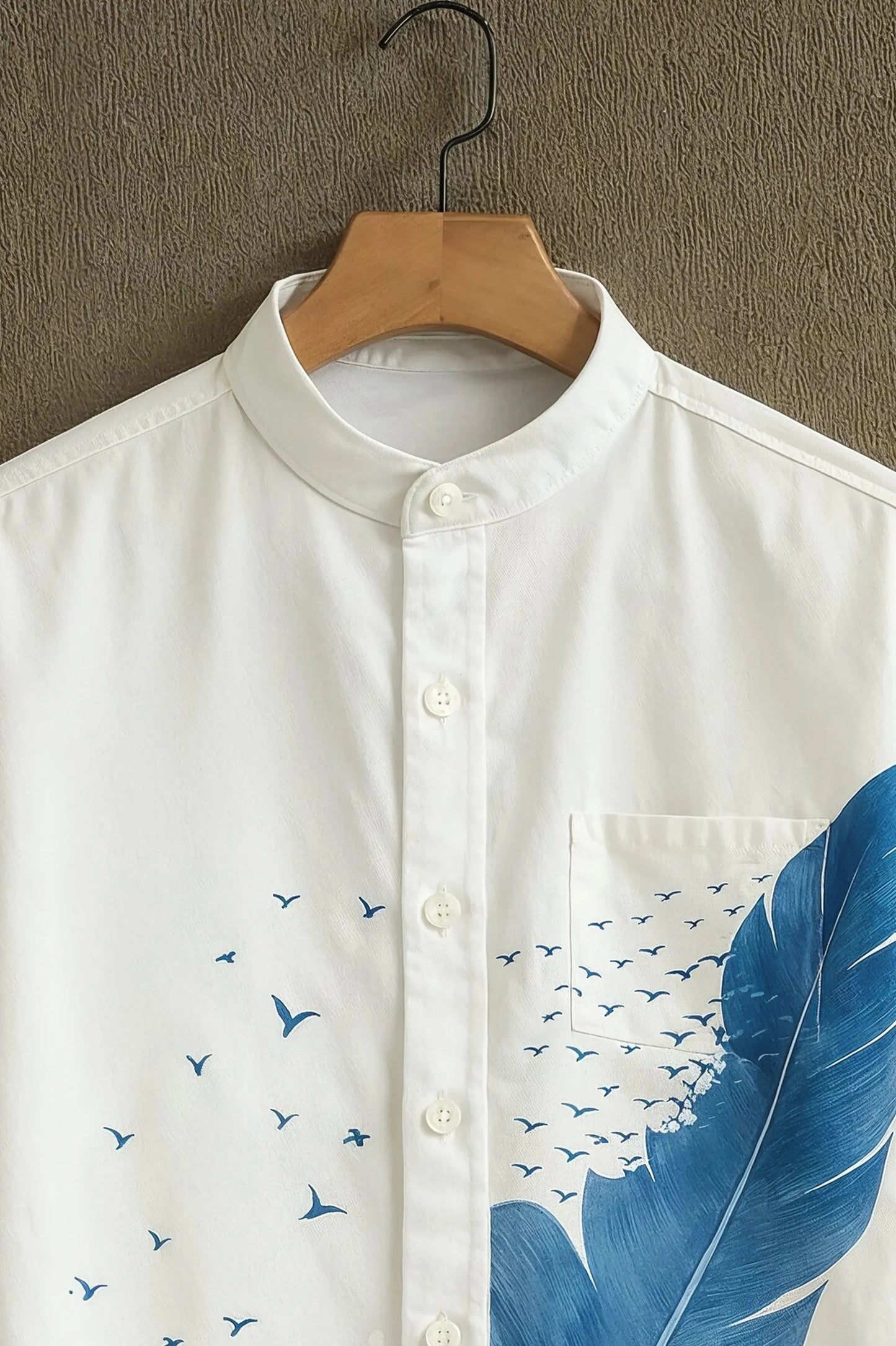 Men’s Ocean Wave Feather Print Shirt – Minimal Aesthetic Mandarin Collar Shirt | Velloria.shop