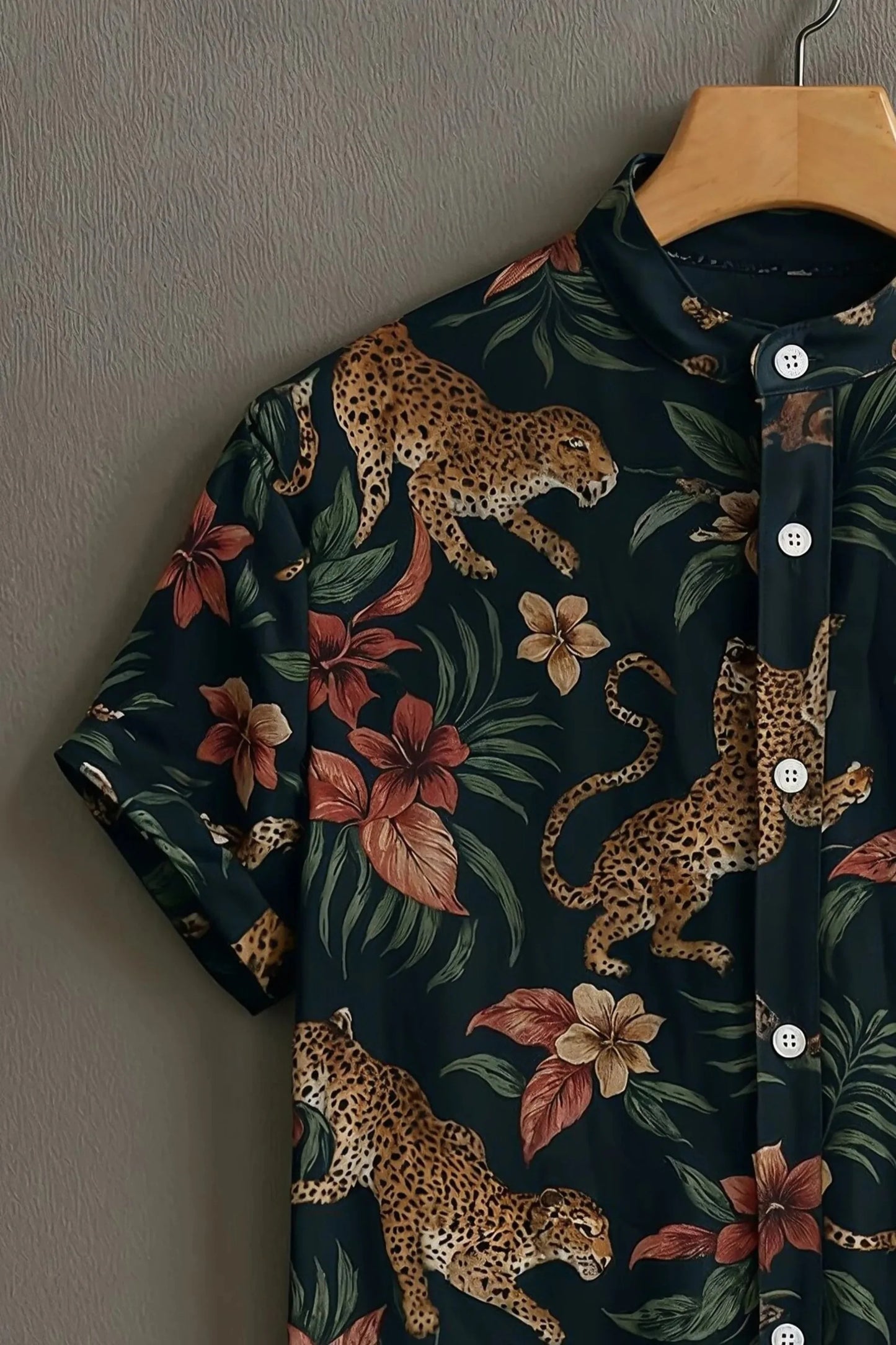Men’s Leopard Tropical Print Shirt – Premium Jungle Floral Mandarin Collar Shirt