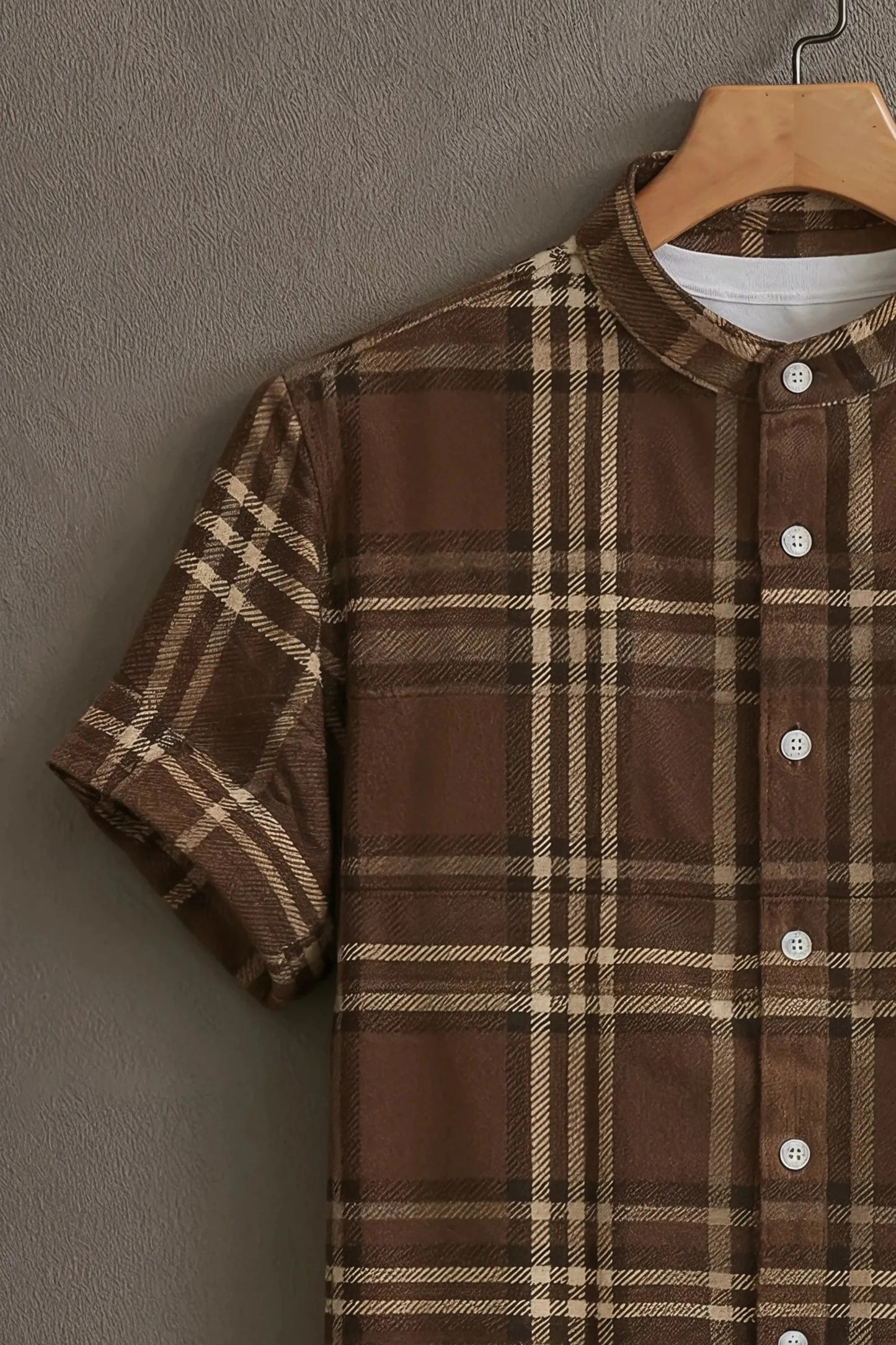 Men’s Classic Brown Checkered Shirt – Vintage Plaid Mandarin Collar Shirt