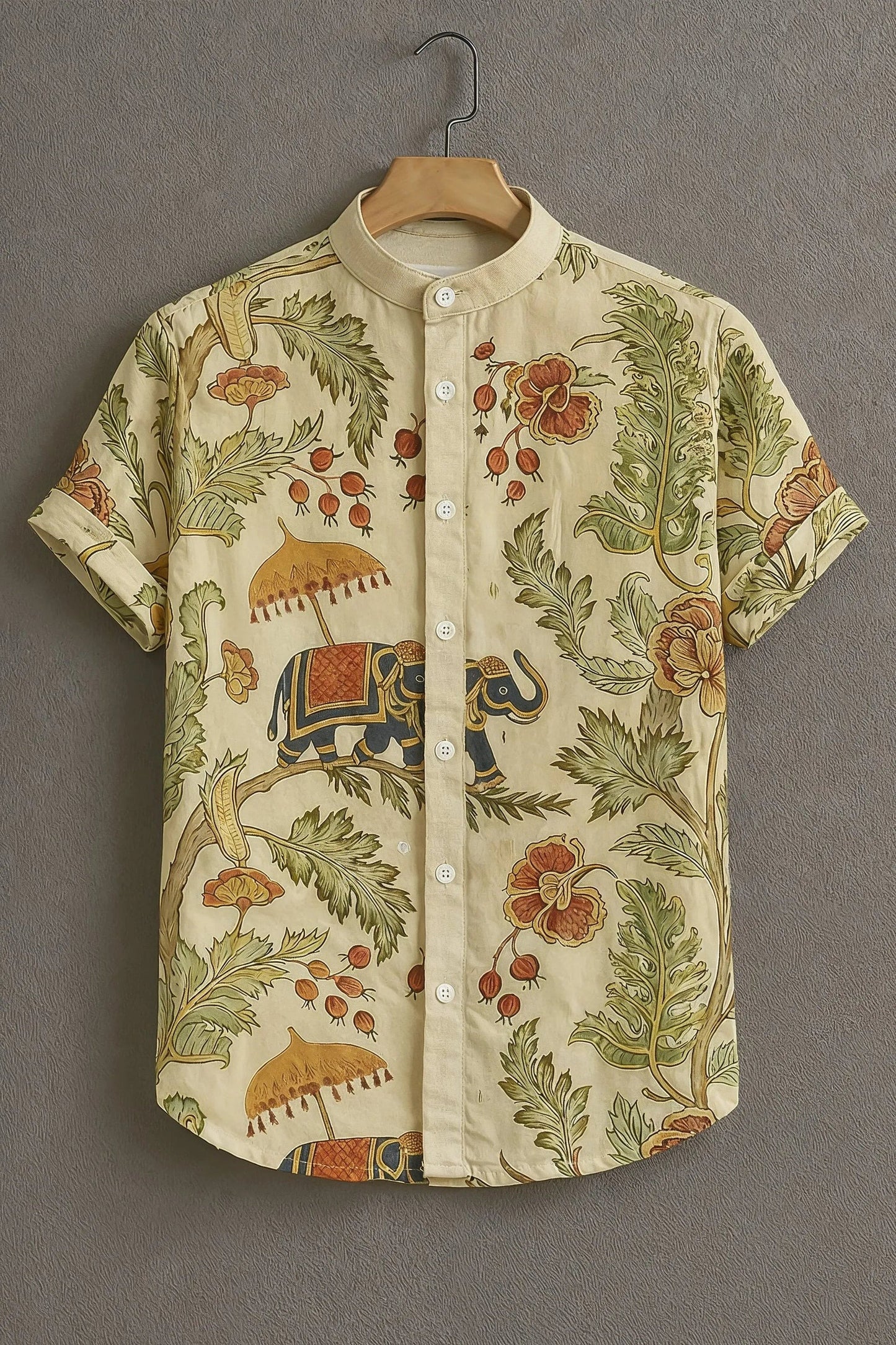 Men’s Royal Elephant Ethnic Print Shirt – Traditional Floral Art Mandarin Collar Shirt