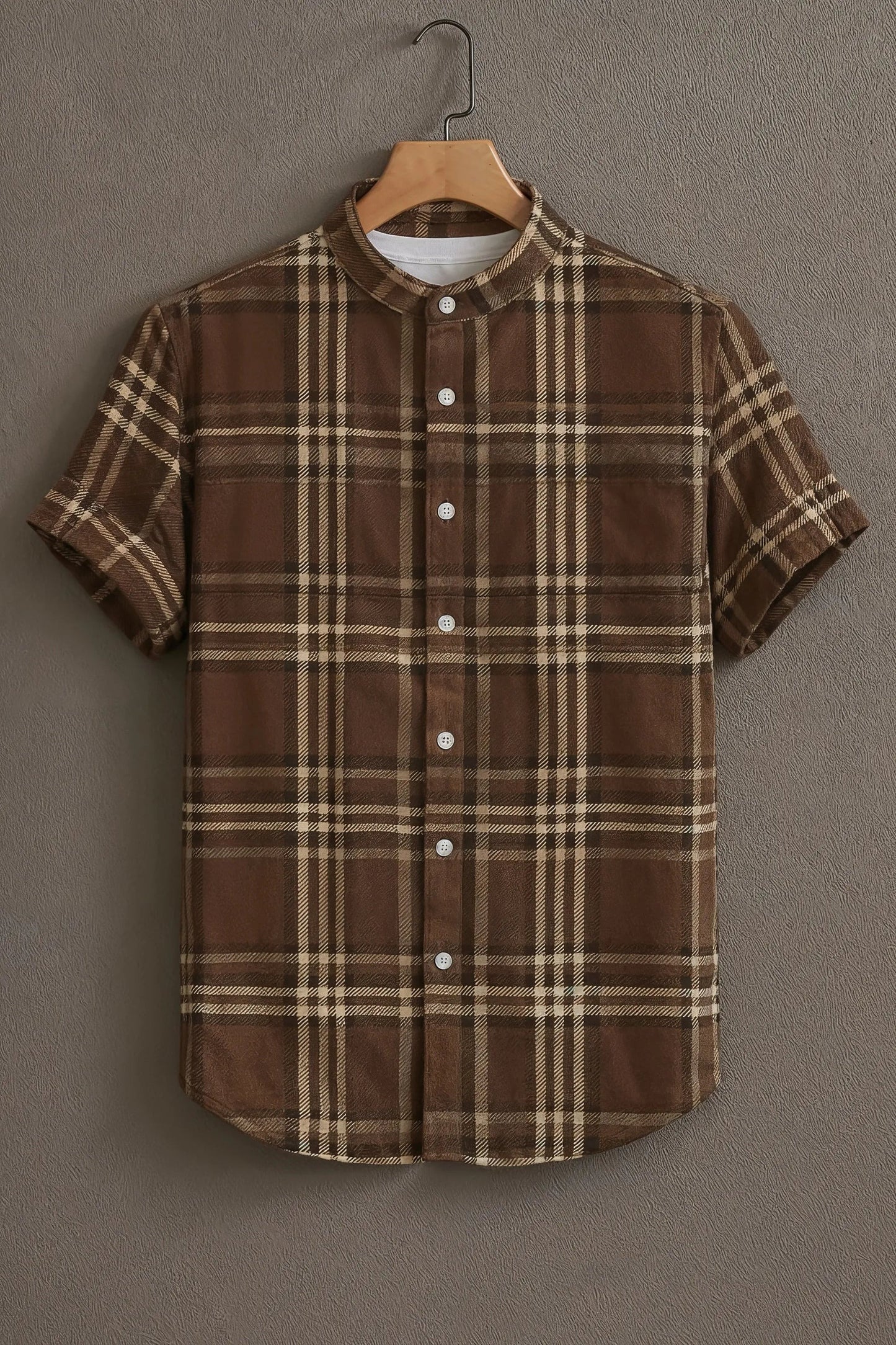 Men’s Classic Brown Checkered Shirt – Vintage Plaid Mandarin Collar Shirt