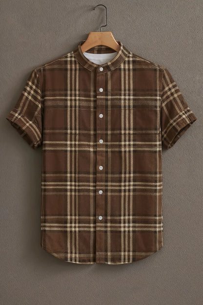 Men’s Classic Brown Checkered Shirt – Vintage Plaid Mandarin Collar Shirt