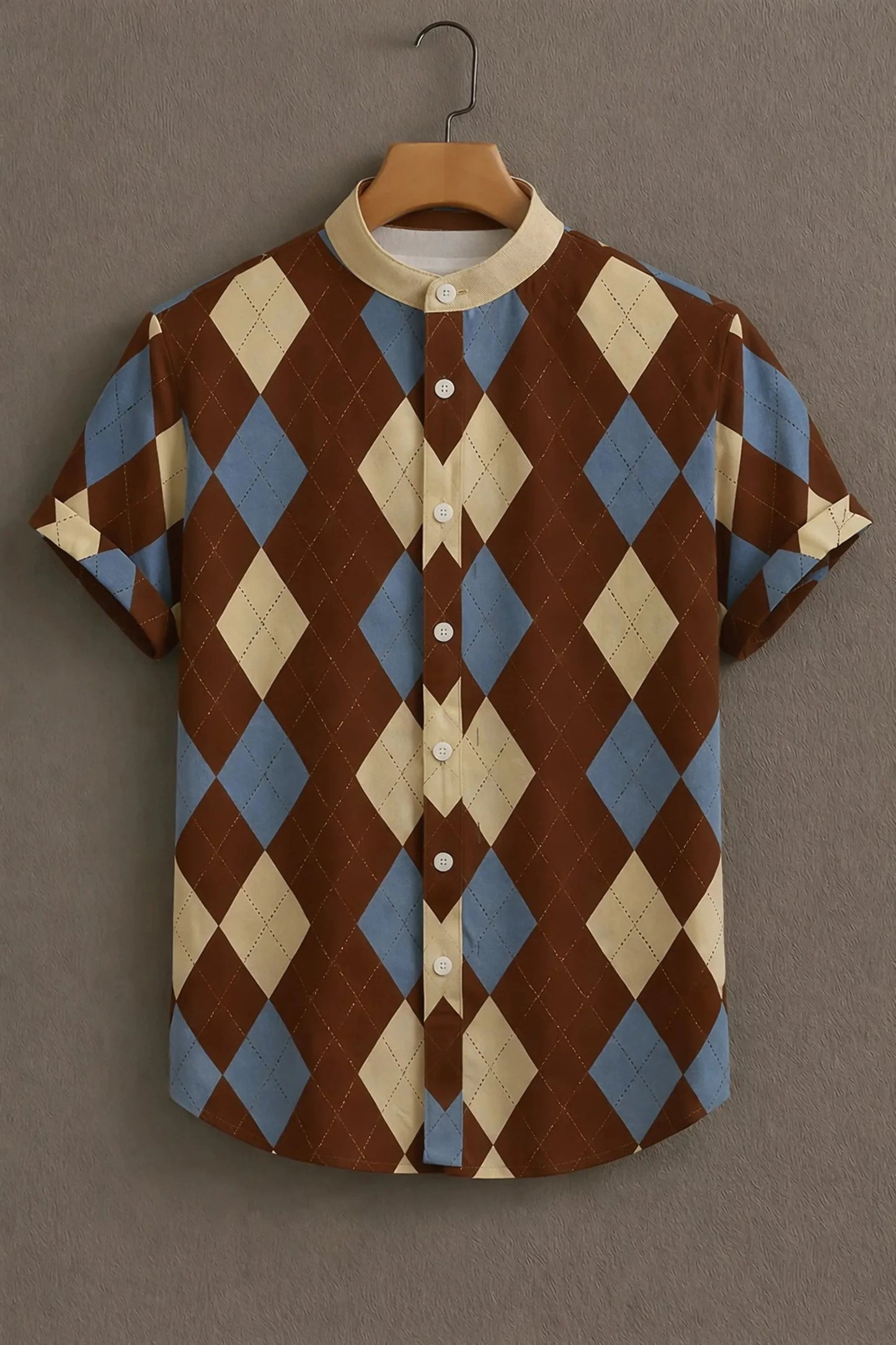 Men’s Argyle Pattern Shirt – Vintage Diamond Print Mandarin Collar Shirt
