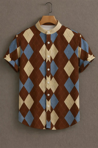 Men’s Argyle Pattern Shirt – Vintage Diamond Print Mandarin Collar Shirt