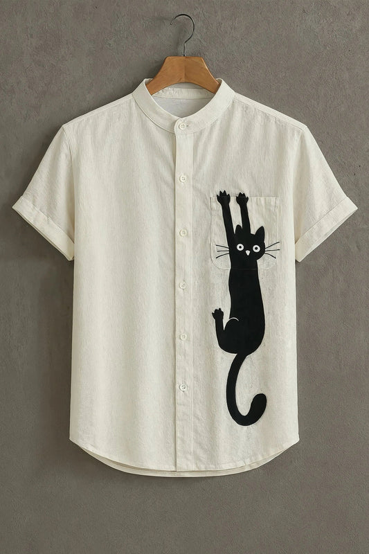 Men’s Minimal Cat Graphic Shirt – Cute Pocket Design Mandarin Collar Shirt | Velloria.shop