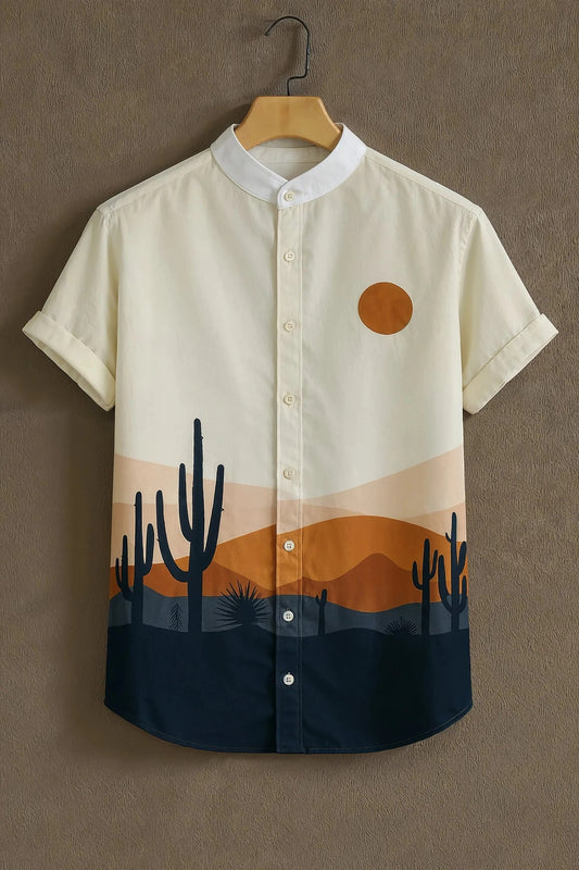 Men’s Desert Sunset Cactus Print Shirt – Minimal Landscape Mandarin Collar Shirt