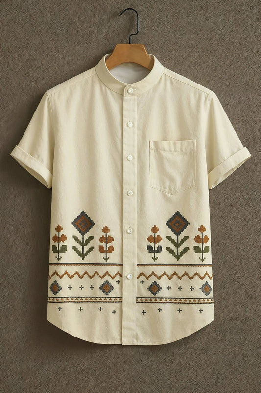 Men’s Premium Ethnic Embroidered Shirt – Short Sleeve Cotton Casual Wear