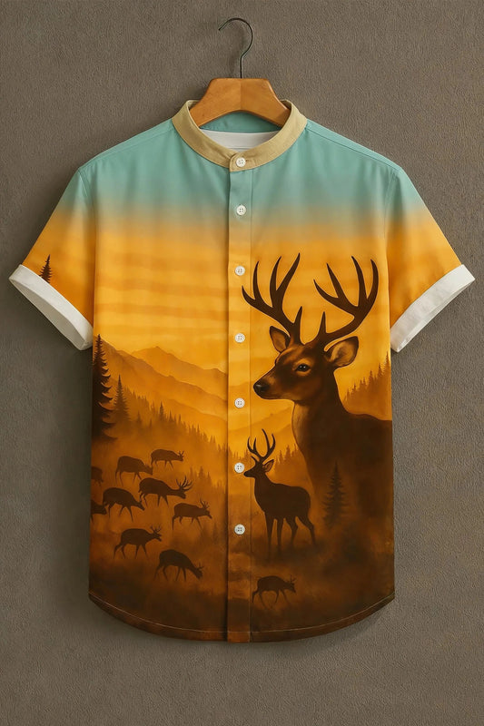 Men’s Scenic Deer Print Shirt – Premium Nature Graphic Mandarin Collar Shirt