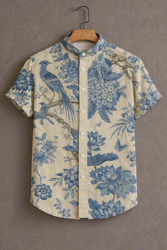 Men’s Blue Bird Floral Toile Shirt – Vintage Aesthetic Mandarin Collar Shirt