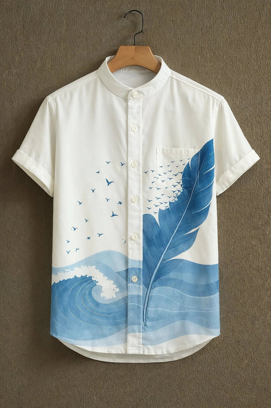 Men’s Ocean Wave Feather Print Shirt – Minimal Aesthetic Mandarin Collar Shirt | Velloria.shop