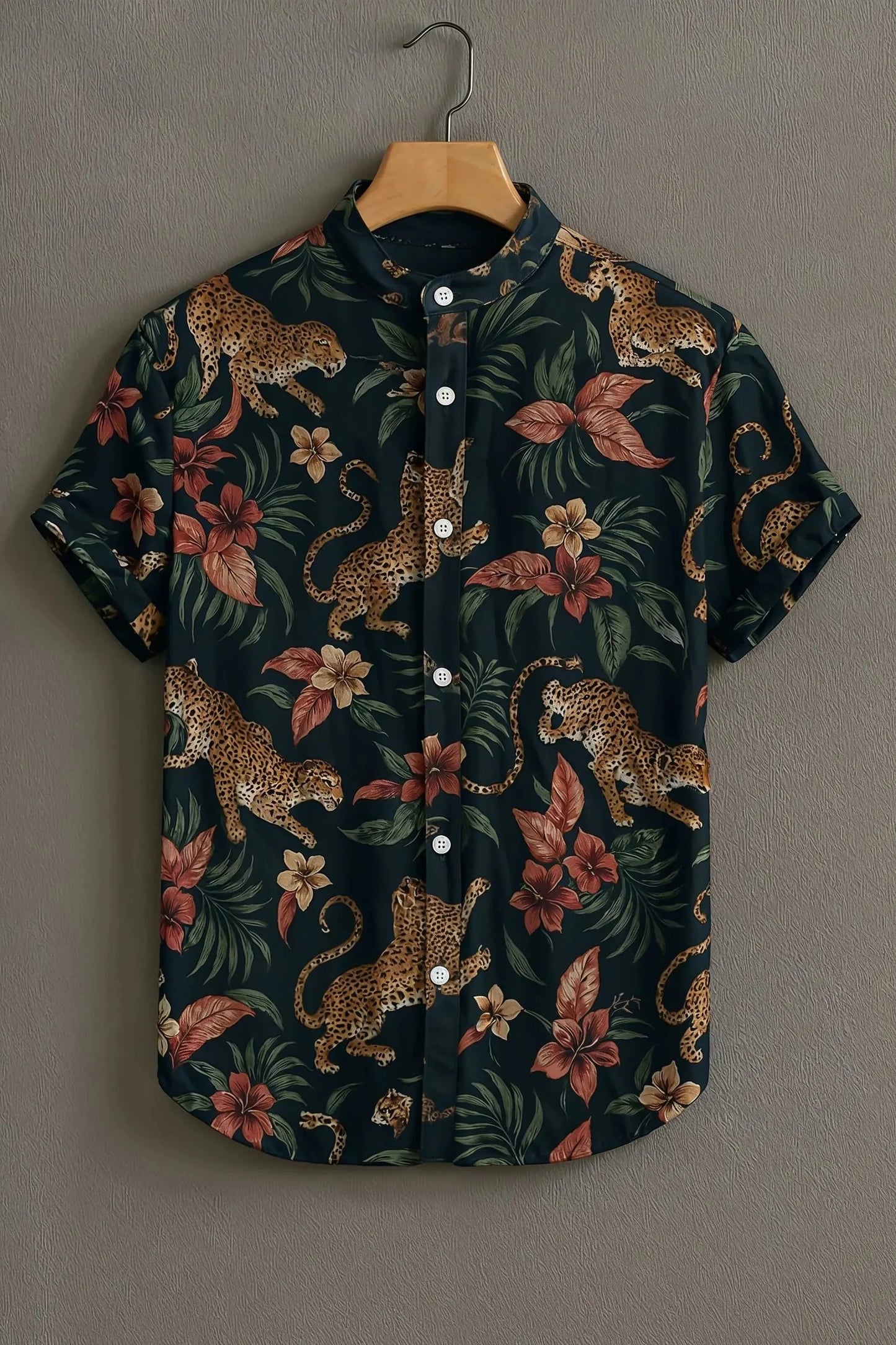 Men’s Leopard Tropical Print Shirt – Premium Jungle Floral Mandarin Collar Shirt