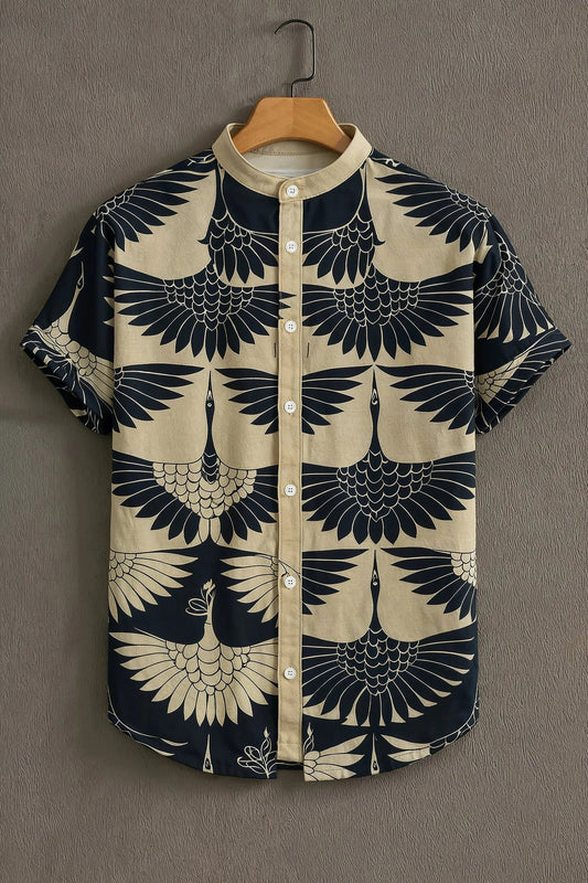 Men’s Premium Crane Print Shirt – Japanese Style Graphic Mandarin Collar Shirt