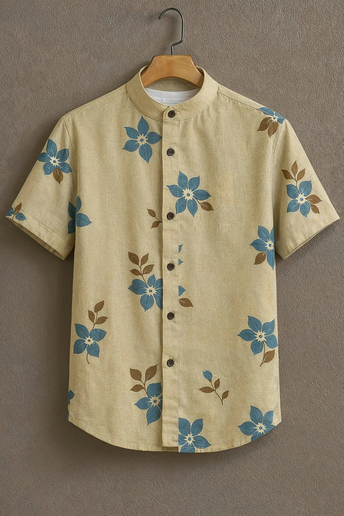 Men’s Minimal Floral Print Shirt – Soft Aesthetic Cotton Mandarin Collar Shirt