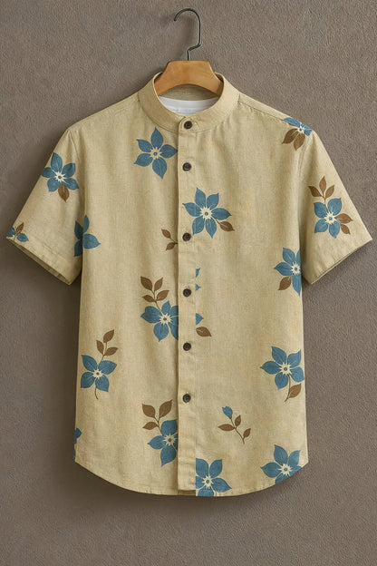 Men’s Minimal Floral Print Shirt – Soft Aesthetic Cotton Mandarin Collar Shirt