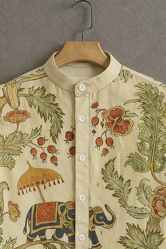 Men’s Royal Elephant Ethnic Print Shirt – Traditional Floral Art Mandarin Collar Shirt