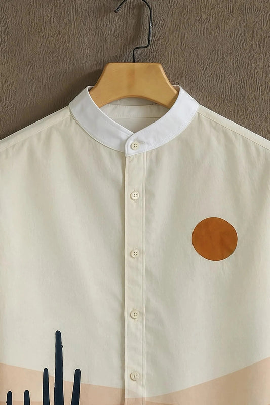 Men’s Desert Sunset Cactus Print Shirt – Minimal Landscape Mandarin Collar Shirt