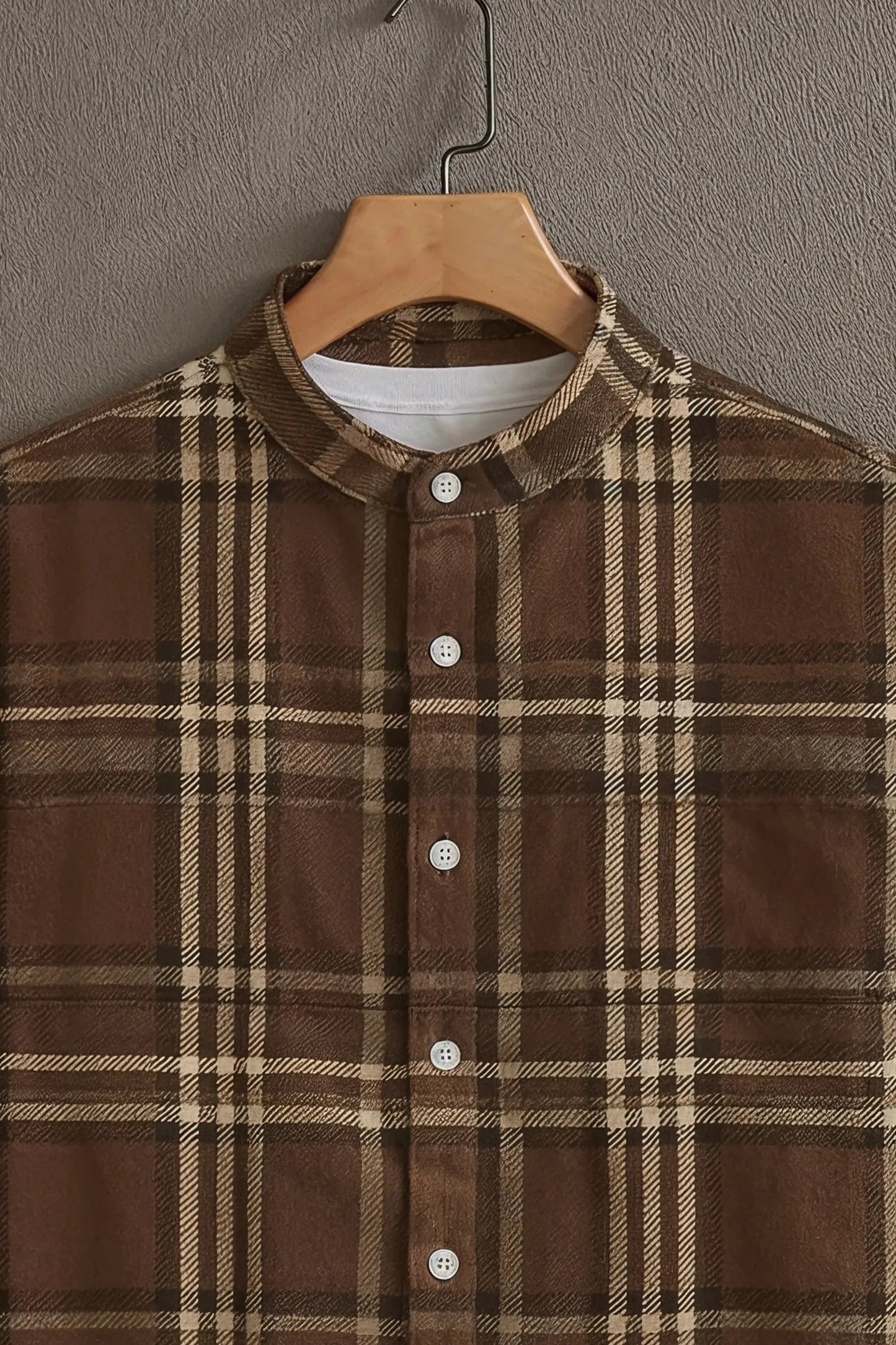 Men’s Classic Brown Checkered Shirt – Vintage Plaid Mandarin Collar Shirt
