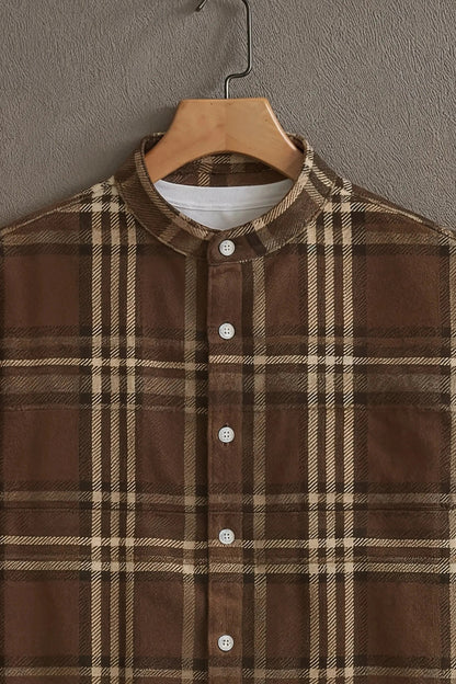 Men’s Classic Brown Checkered Shirt – Vintage Plaid Mandarin Collar Shirt
