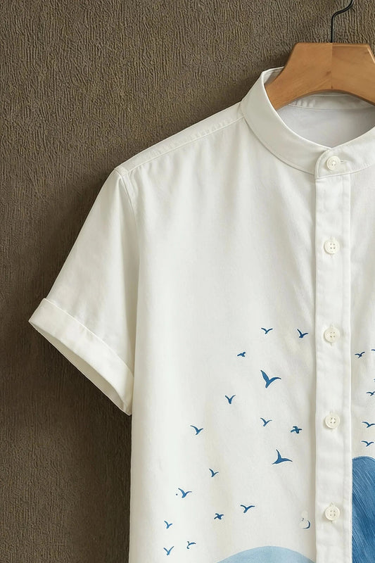 Men’s Ocean Wave Feather Print Shirt – Minimal Aesthetic Mandarin Collar Shirt | Velloria.shop