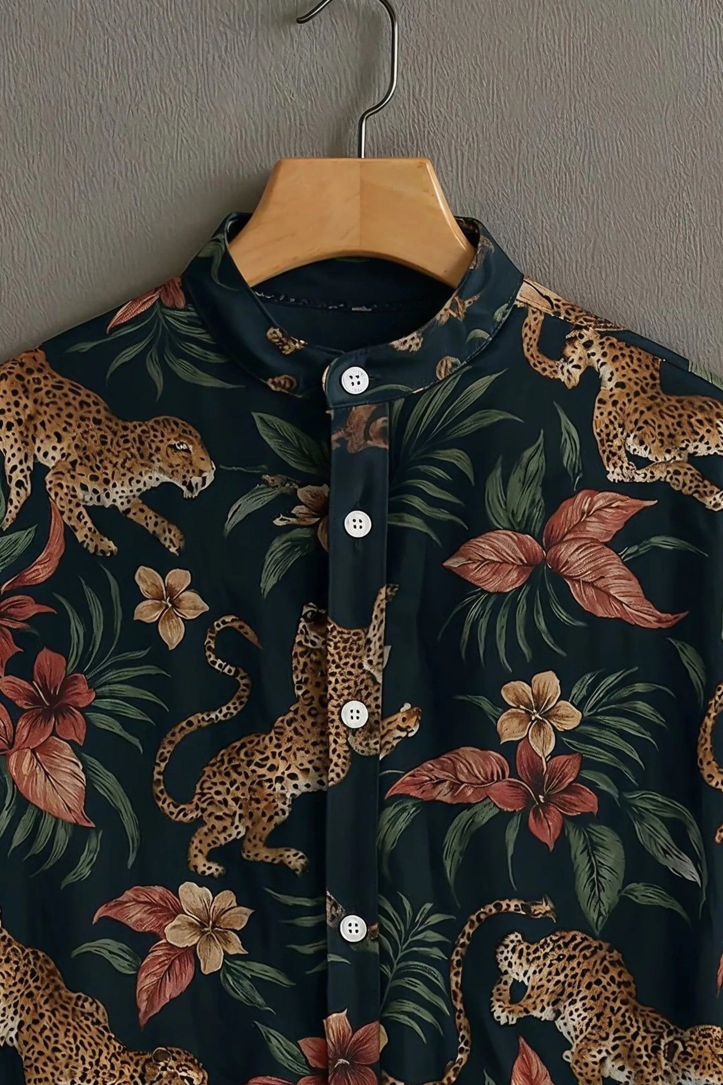 Men’s Leopard Tropical Print Shirt – Premium Jungle Floral Mandarin Collar Shirt
