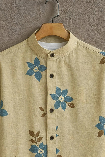 Men’s Minimal Floral Print Shirt – Soft Aesthetic Cotton Mandarin Collar Shirt