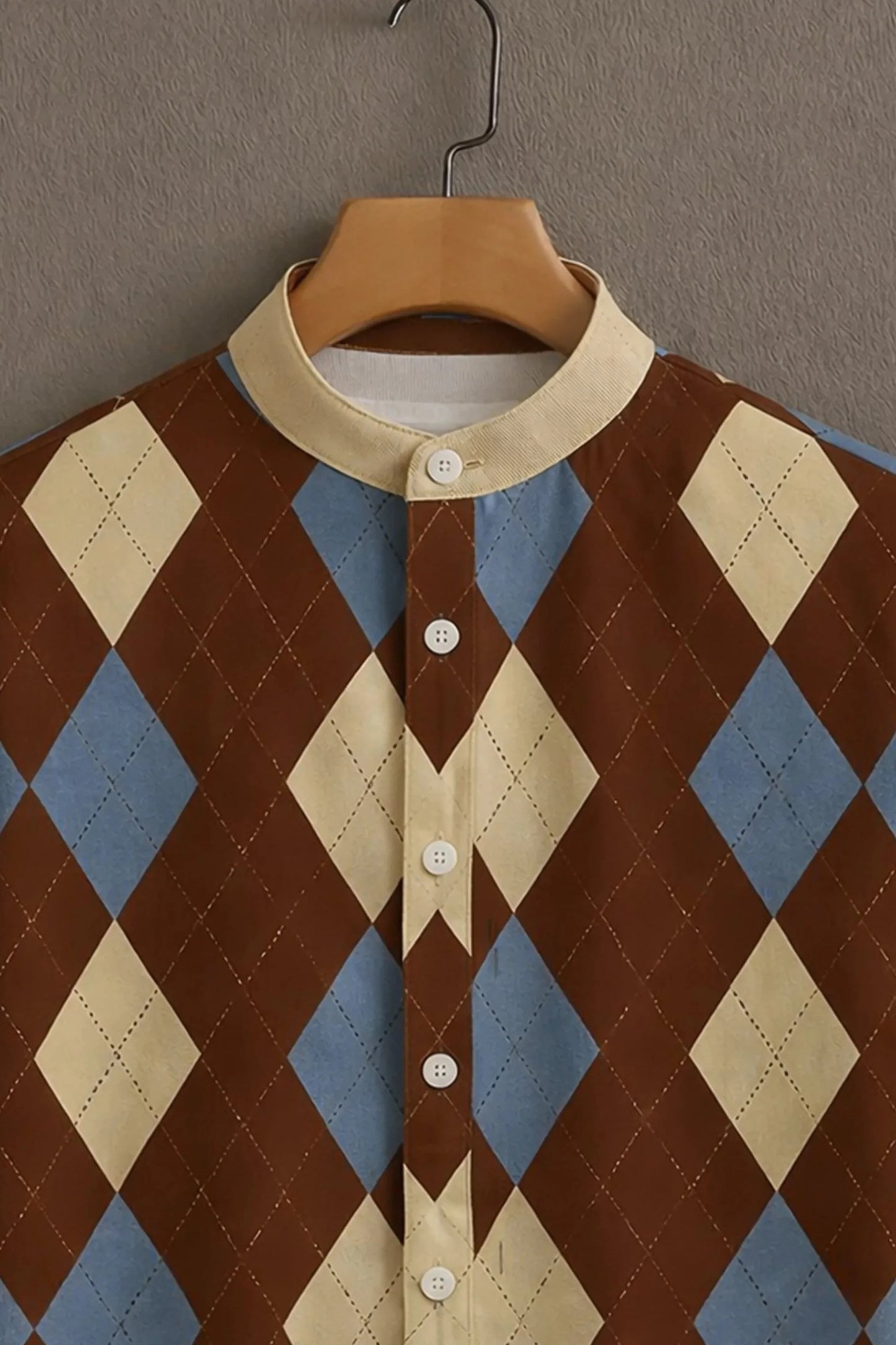 Men’s Argyle Pattern Shirt – Vintage Diamond Print Mandarin Collar Shirt