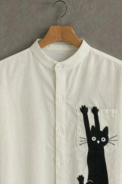 Men’s Minimal Cat Graphic Shirt – Cute Pocket Design Mandarin Collar Shirt | Velloria.shop