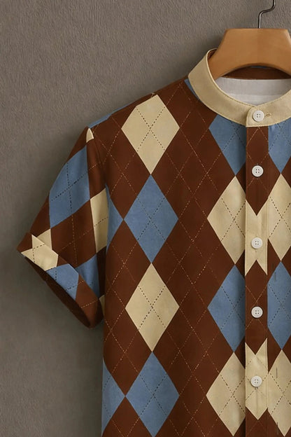 Men’s Argyle Pattern Shirt – Vintage Diamond Print Mandarin Collar Shirt