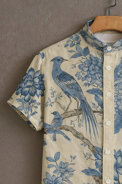 Men’s Blue Bird Floral Toile Shirt – Vintage Aesthetic Mandarin Collar Shirt