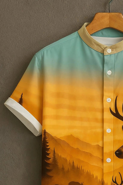 Men’s Scenic Deer Print Shirt – Premium Nature Graphic Mandarin Collar Shirt