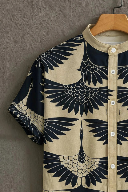 Men’s Premium Crane Print Shirt – Japanese Style Graphic Mandarin Collar Shirt