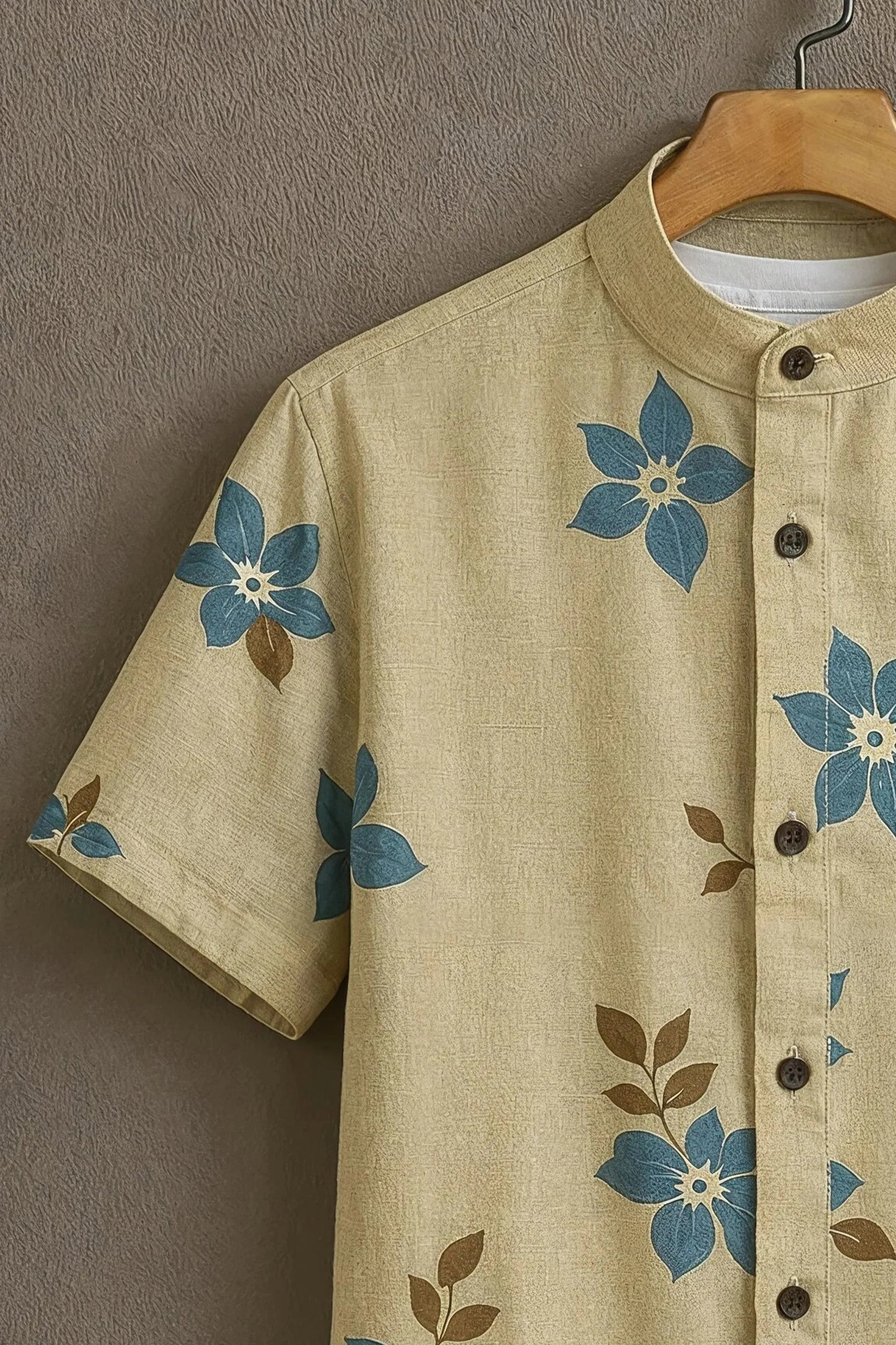 Men’s Minimal Floral Print Shirt – Soft Aesthetic Cotton Mandarin Collar Shirt