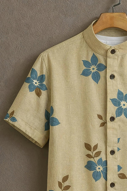 Men’s Minimal Floral Print Shirt – Soft Aesthetic Cotton Mandarin Collar Shirt