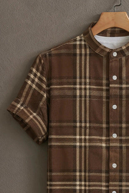 Men’s Classic Brown Checkered Shirt – Vintage Plaid Mandarin Collar Shirt